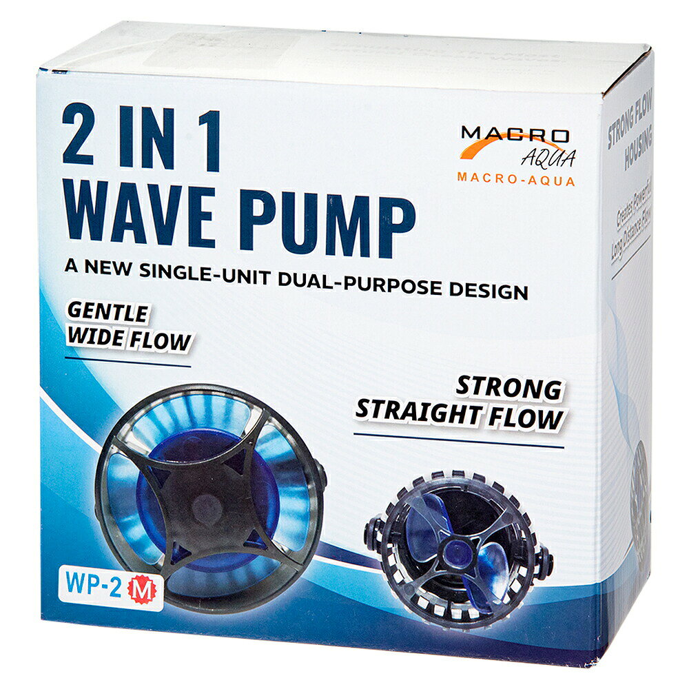 様々な水槽サイズに合わせて選べる水中ポンプ！マクロアクア　2in1　WavePump　WP−2M　6000L／H対象淡水・海水両用特長●様々な水槽のサイズに合わせて3つの異なるサイズがある水中ポンプです。●新しいシングルユニットデュアルパーパスデザイン。各セットは、1つのパワーヘッドと2つの交換可能なポンプハウジングで提供され、強力なストレートフローまたは穏やかなワイドフローを実現します。●フローパターンは、実際のエコ環境を達成するために6時間ごとに変更を加えるように事前にプログラムできます。●セラミックシャフトとカーボンブッシングは、ポンプの最長寿命を確保するために採用されています。●超強力マグネットホルダーを採用しているため、取り付けが簡単です。複数の防振システムにより、静かな作業環境を確保できます。●設置面積は小さいですが強力です。セット内容ポンプ本体×1スクリュー本体×1コントローラー×1マグネティックホルダー×1アダプター×1仕様モデルNo．：WP−2M流量：6000L／H電圧：110V／220V出力：18Wサイズ（約）ポンプ本体：幅7×奥行き7×高さ7cmスクリュー本体：幅5×奥行き5×高さ8．5cm生産国中国ご注意※本品はアクアリウム用品です。目的以外の用途では使用しないでください。検索用キーワードマクロアクア　2in1　WavePump　WP−2M　6000L／H　4571171619811　アクア用品　アクアリウム用品　ナプコ　マクロアクア　ウェーブポンプ　ポンプ　ミニ　水中ポンプ　水流ポンプ　水流　小型　小型水槽　省スペース　吸盤付き　両用　海水淡水両用　海水　海水用　海水魚　淡水　淡水用　淡水魚　淡水・海水両用　水位センサー　20251231　y25m12　kak