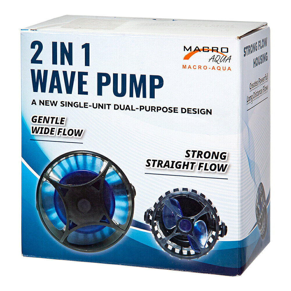 様々な水槽サイズに合わせて選べる水中ポンプ！マクロアクア　2in1　WavePump　WP−2L　9000L／H対象淡水・海水両用特長●様々な水槽のサイズに合わせて3つの異なるサイズがある水中ポンプです。●新しいシングルユニットデュアルパーパスデザイン。各セットは、1つのパワーヘッドと2つの交換可能なポンプハウジングで提供され、強力なストレートフローまたは穏やかなワイドフローを実現します。●フローパターンは、実際のエコ環境を達成するために6時間ごとに変更を加えるように事前にプログラムできます。●セラミックシャフトとカーボンブッシングは、ポンプの最長寿命を確保するために採用されています。●超強力マグネットホルダーを採用しているため、取り付けが簡単です。複数の防振システムにより、静かな作業環境を確保できます。●設置面積は小さいですが強力です。セット内容ポンプ本体×1スクリュー本体×1コントローラー×1マグネティックホルダー×1アダプター×1仕様モデルNo．：WP−2L流量：9000L／H電圧：110V／220V出力：28Wサイズ（約）ポンプ本体：幅7．5×奥行き7．5×高さ7．5cmスクリュー本体：幅6×奥行き6×高さ9cm生産国中国ご注意※本品はアクアリウム用品です。目的以外の用途では使用しないでください。検索用キーワードマクロアクア　2in1　WavePump　WP−2L　9000L／H　4571171619835　アクア用品　アクアリウム用品　ナプコ　マクロアクア　ウェーブポンプ　ポンプ　ミニ　水中ポンプ　水流ポンプ　水流　小型　小型水槽　省スペース　吸盤付き　両用　海水淡水両用　海水　海水用　海水魚　淡水　淡水用　淡水魚　淡水・海水両用　水位センサー　20251231　y25m12　kak