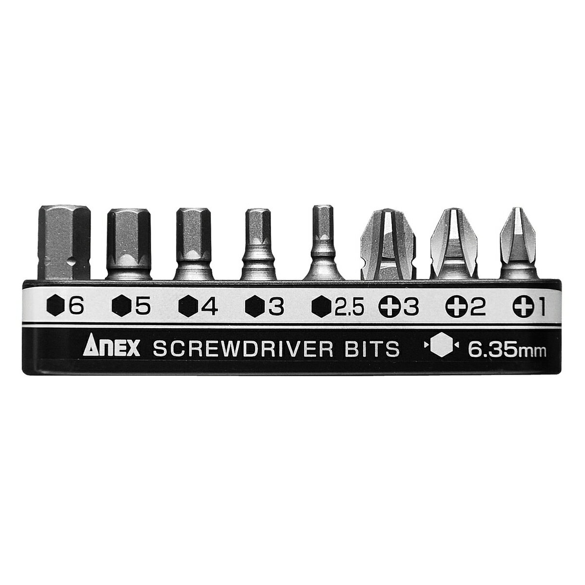●溝付で指先のすべりを防止。ビットの脱着簡単 ●全長19mm ●プラス／六角レンチビット ●対辺6.35mm六角軸 ●パッケージサイズ(約)：長さ115×幅50×高さ15mm ●パッケージ重量(約)：39g ●セット内容：【超短プラスビット】＋1×19　＋2×19　＋3×19　【超短六角レンチビット】H2.5×19　H3×19　H4×19　H5×19　H6×19　　専用ビットホルダー
