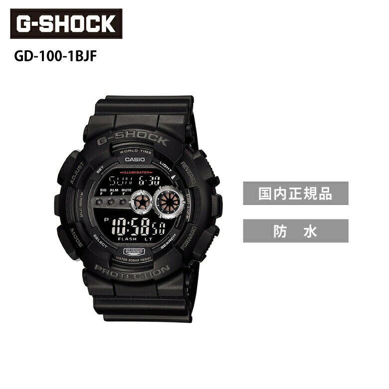 ■タフネスを追求し進化を続けるG-SHOCKから、“高輝度なLEDバックライト”を搭載したモデルです。■明るさの強いLED発光システムと導光板を採用することで、暗い場所でも時刻等が判別しやすくなっています。■ワールドタイムやアラーム、ストップウオッチなど実用的な機能も搭載。■カラーはG-SHOCKらしくブラックでまとめ、随所にブランドカラーであるレッドをアクセントとして取り入れました。【カラー・デザイン】■ブラック【商品仕様】■ケースサイズ(縦×横×厚さ)：55×51.2×17.4mm■質量：72g■ケース・ベゼル材質：樹脂■バンド：樹脂バンド■構造：耐衝撃構造(ショックレジスト)■防水性：20気圧防水■電池寿命：約年■外装(ガラス)：無機ガラス■マルチタイム：異なる4都市を登録して、表示切替や都市入替が可能■ワールドタイム：世界48都市（31タイムゾーン、サマータイム設定機能付き）＋UTC（協定世界時）の時刻表示、ホームタイムの都市入替機能■ストップウオッチ(1/100秒、24時間計、スプリット付き)■タイマー(セット単位：1秒、最大セット：24時間、1/10秒単位で計測)■アラーム/時報：時刻アラーム5本（ワンタイムアラーム/デイリーアラーム切替機能）・時報■報音フラッシュ機能(アラーム／時報、タイマータイムアップ、報音連動発光)■LEDバックライト：オートライト機能、残照機能、残照時間切替（1.5秒／3秒）付き■ライトカラー：LED/ホワイト■カレンダー：フルオートカレンダー■操作音ON/OFF切替機能■精度：平均月差：±15秒■その他機能：12/24時間制表示切替【注意事項】※ご使用前に、付属の取り扱い説明書をよく読んでください。20気圧防水/衝撃に強い/暗所で見やすい/スポーティーデザイン/二都市の時刻を表示できる/ベストセラー■Gショックは、日本が誇る時計ブランドの一つです。カシオによって発売されたロングセラー商品は、1980年代に発表されて以来、日本国内にとどまらず、アメリカを中心に世界各国で愛されており、耐久性の高さからも、自衛隊や海外の軍隊でもかなり多くの方が使用されているそうです。【ギフト/プレゼント/腕時計/防水/水に強い/衝撃に強い/壊れない/壊れにくい/CASIO/G-SHOCK/G-ショック/ジーショック/国内正規品】関連商品G-SHOCK AW-591-2AJF ブラック×ブルー Gショック ...G-SHOCK AW-590-1AJF ブラック×シルバー Gショック...G-SHOCK DW-5900-1JF ブラック Gショック ジーショ...13,200円13,200円12,000円G-SHOCK GA-100-1A1JF ブラック Gショック ジーシ...G-SHOCK GA-2000S-1AJF ブラック Gショック ジー...G-SHOCK GA-2000S-7AJF ホワイト Gショック ジー...16,360円16,780円16,780円G-SHOCK G-5600UE-1JF ブラック Gショック ジーシ...G-SHOCK GA-700 SERIES Gショック ジーショック ...G-SHOCK GA-110-1AJF ブラック×レッド Gショック ...15,440円16,360円17,860円