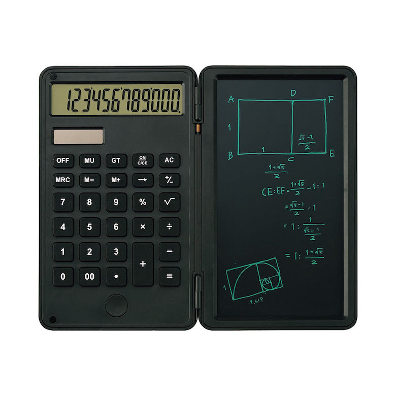 【商品情報】●計算もメモもこれ一つでOK。●薄くてコンパクト。●電池交換式で長く使える！●筆圧によって表現自由！。【商品仕様】●商品サイズ：使用時/180×150×10mm、折畳時/92×150×14mm、タッチペン/102×9×5mm●商品重量：130g(タッチペン2g含む)●材質：ガラス、ABS樹脂、シリコン、PET●備考：電卓/ソーラー充電、メモパッド・電卓/試験用コイン形リチウム電池内蔵:CR2025