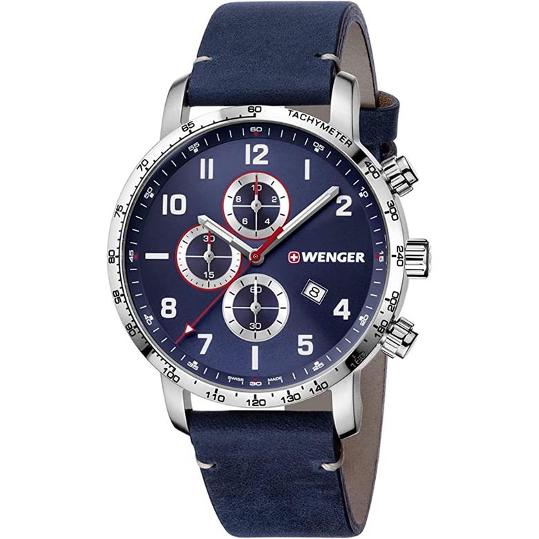 腕時計 メンズ腕時計 WENGER ウェンガー 日本正規品 ATTITUDE CHRONO アティテュード クロノ ベルト幅22mm レザー バンドカラーブルー ..