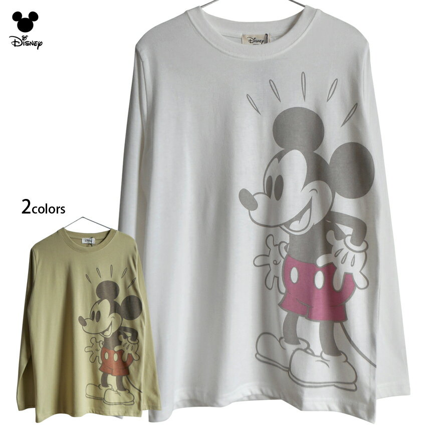 送料無料 ミッキー ミッキーマウス ディズニー 長袖Tシャツ ロンT カットソー くすみカラー disney レディース ビッグフェイス ごきげん 汗 びっくり レトロ ペアルック 双子コーデ 男女兼用 かわいい 大人 TDL 春 秋 ピスタチオ 白