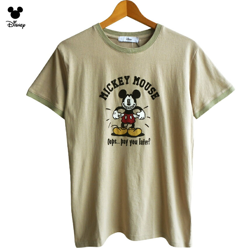 送料無料 ミッキーマウス Tシャツ ファニーフェイス お茶目 変顔 くすみカラー レトロ バイカラー ディズニー 半袖 リンガー レディース メンズ アメコミ フロッキー ベロア カーキ ベージュ アースカラー ナチュラル 男女兼用 ビンテージ アーミー パイピング 体操着