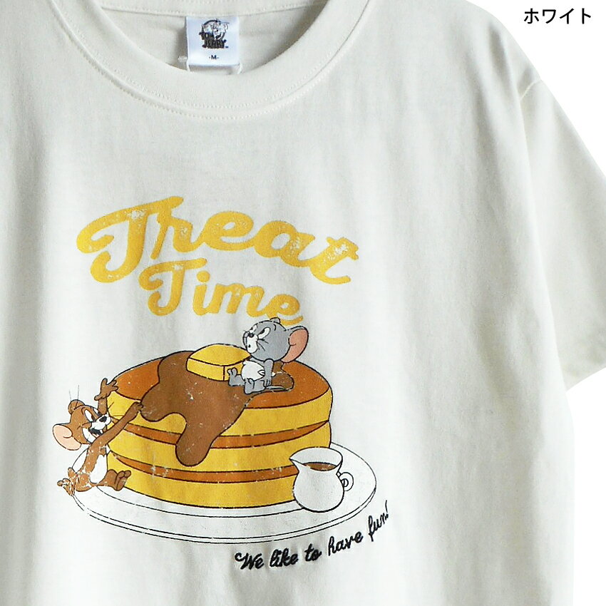 送料無料 トムとジェリー Tシャツ レディース ジェリー タフィー ニブルス パンケーキ ホットケーキ おやつ 純喫茶 レトロ 刺繍 かわいい 白 くすみカラー 水色 Tom&Jerry 半袖 メンズS M ペアルック 古着風 かすれプリント アメコミ 双子コーデ 大人 春夏 赤ちゃんねずみ