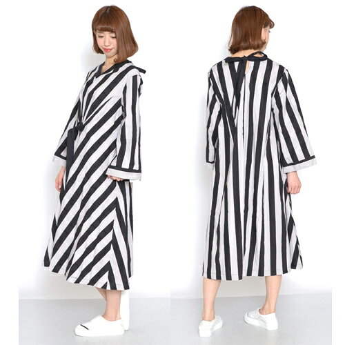 送料無料 訳あり ワンピース セール カシュクール フォーマル 女装 ストライプ マタニティ おしゃれ パーティードレス 着痩せ グレージュ 背中リボン ビッグシルエット 縦長効果 長袖 秋冬 衣装 妊婦 ぽっちゃり ゆったり 冠婚葬祭 ikkoさん ハロウィン コスチューム plastica-10004179 プラスチカネットショップ サンプル画像2