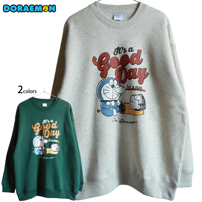 乐天商城 - 送料無料 ドラえもん トレーナー のび太 ひるね goodday のんびり シエスタ 鼻ちょうちん リラックス 刺繍 スウェット 裏起毛 大人 レディース ビッグサイズ メンズ 藤子F不二雄 かわいい トップス ゆったり 秋冬 ペアルック 部屋着 防寒 あったか ライトグレー緑 グリーン