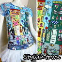 Tシャツ 送料無料 モダンアート コラージュ デザイン おしゃれ タウン ティーポット、気球、音符 五線譜 フルーツ オレンジ いちご ストロベリー レトロデザ...