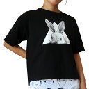 激安 送料無料 Tシャツ 五分袖 カットソー レディース オーバーサイズ うさぎ ウサギ 三角 トライアングル ひょっこり 顔出し ペアルック 双子コーデ ミステリアス かわいい ゆったり ビッグサイズ