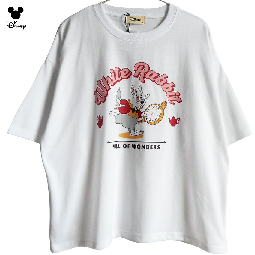 乐天商城 - 送料無料 Tシャツ 不思議の国のアリス 白うさぎ 時計ウサギ レディース メンズ ディズニー ワイド ゆったり 半袖 ビッグTシャツ USA 古着風デザイン ビンテージ レトロ ビッグサイズ disney ペアルック かわいい TDL アメコミ 白 ホワイト 大人 渋い かすれプリント