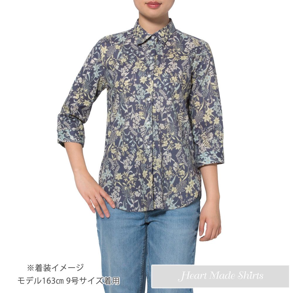 レディース シャツ ワイシャツ ブラウス オフィス 長袖 ビジネス OL ゆったり型 HeartMadeShirts 綿100％ レギュラーカラー 着丈長め ネイビー地ボタニカル柄プリント [P36HME017]