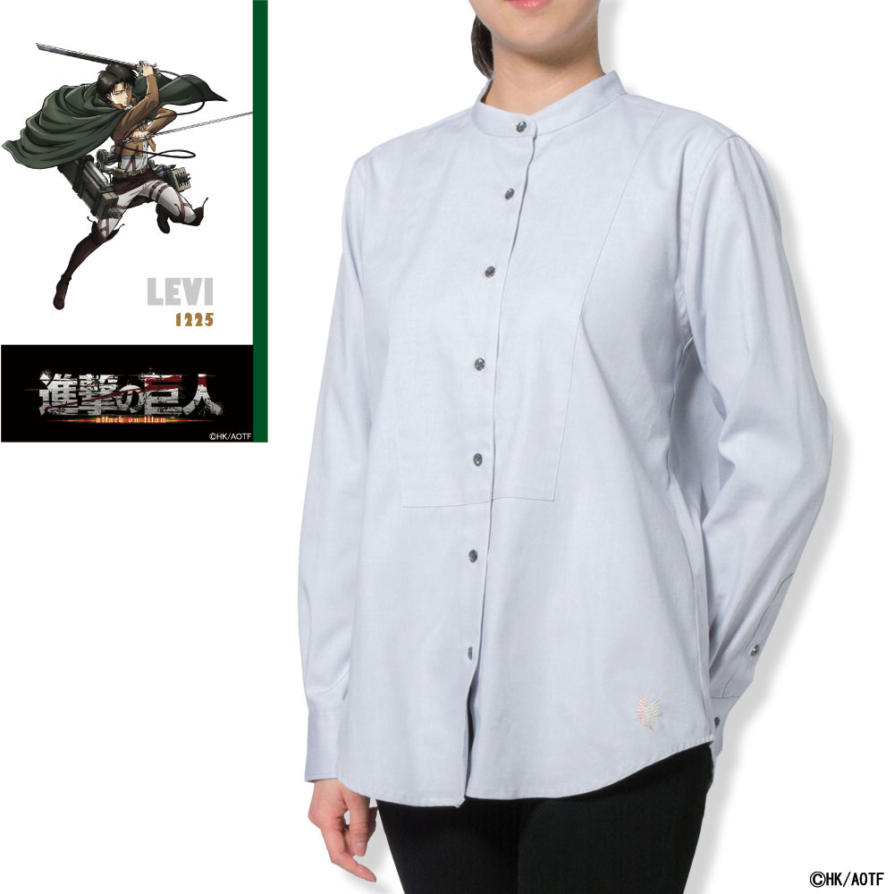 レディース シャツ ワイシャツ ブラウス 長袖 ゆったり型 進撃の巨人 リヴァイモデル バンドカラー ライトグレー無地 [PBAT12-01]のサムネイル