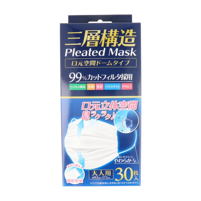 三層構造 プリーツマスク 口元空間ドームタイプ 個別包装 大人用 30枚入 プリーツマスク マスク 衛生用品 生活用品 消耗品 三層 プリーツタイプ かぜ ホコリ 花粉 30枚 大人 ホワイト 個包装 個別包装