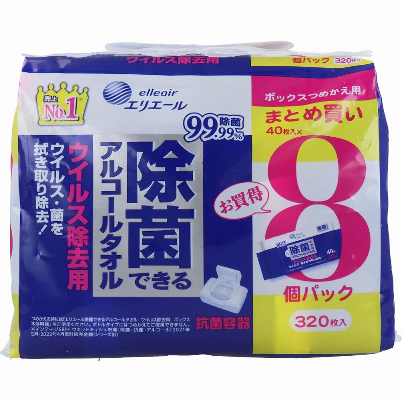 エリエール 除菌できるアルコールタオル ウイルス除去用 ボックス 詰替用 40枚×8個パック 除菌 ウェットティッシュ エリエール アルコールタオル シート ボックス 除菌 クリーニング テーブル キッチン ドアノブ 詰替え つめかえ