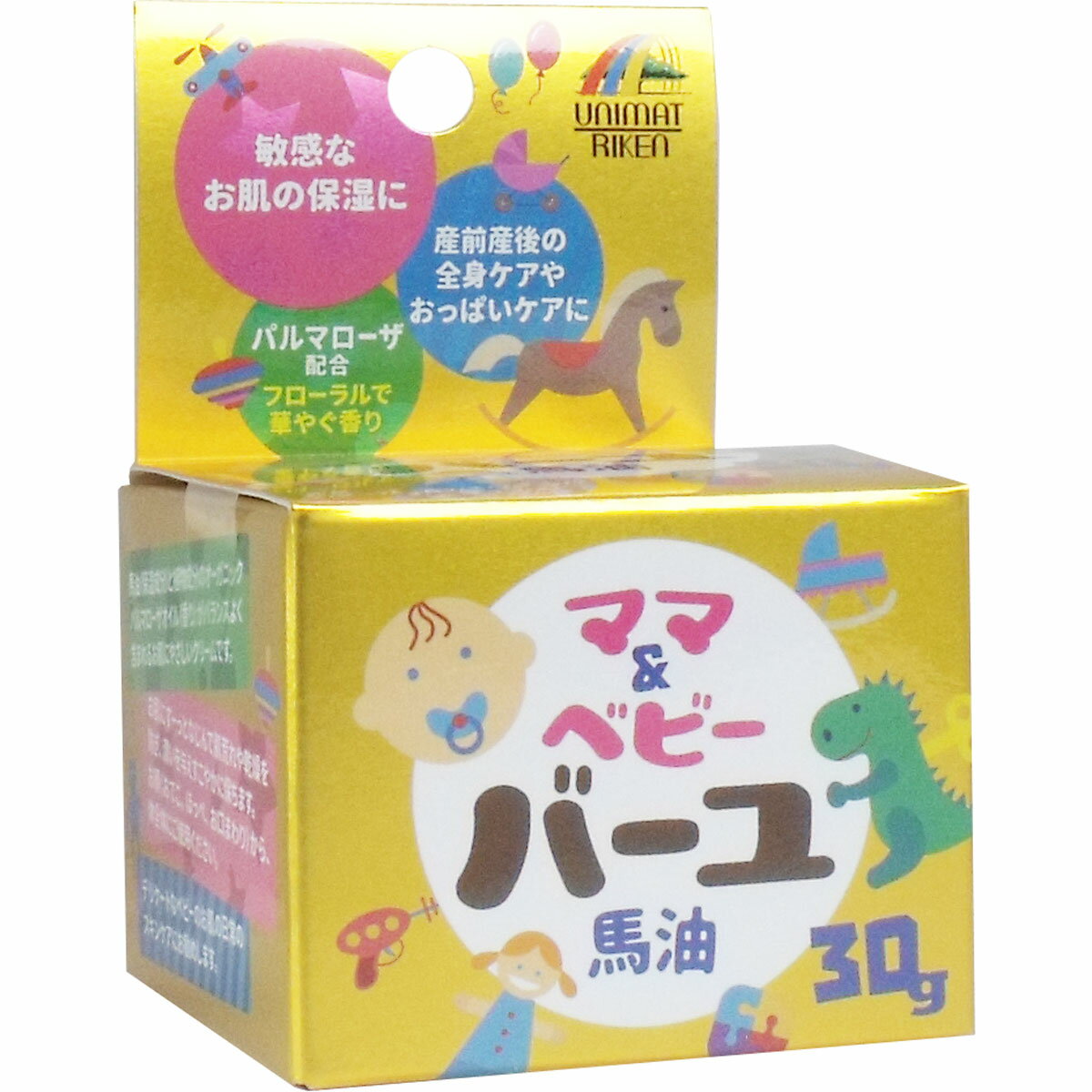 ※予告なく成分・パッケージが変更となる場合がございます。 商品名 ママ＆ベビー バーユ 馬油30g入 商品説明 敏感なお肌の保湿に♪ 馬油(保湿成分)と植物成分のオーガニックパルマローザオイル(香り)がバランスよく含まれるお肌にやさしいクリームです。 ●お顔(おでこ、ほっぺ、お口まわり)から、体全体にご使用ください。 ●デリケートなベビーのお肌の日常のスキンケアにお勧めします。 ●皮膚アレルギーテスト済み(すべての人にアレルギーが起きないわけではありません。) サイズ・容量 個装サイズ：60X93X60mm 個装重量：約85g 内容量：30g 成分 馬油、ミツロウ、パルマローザ油、トコフェロール(ビタミンE) 使用方法 適量をとり、うすくのばしてお使いください。 注意 ・お肌に異常が生じていないかよく注意して使用してください。 ・お肌に合わないとき即ち次のような場合には、使用を中止してください。そのまま使用を続けますと、症状を悪化させることがありますので、皮膚科専門医等にご相談ください。 (1)使用中、赤み、はれ、かゆみ、刺激、色抜け(白斑等)や黒ずみ等の異常があらわれた場合 (2)使用したお肌に、直射日光が当たって上記のような異常があらわれた場合 ・傷やはれもの、しっしん等、異常のある部分にはお使いにならないでください。 ・ご使用後は必ずしっかりと蓋をしめ、極端に高温又は低温の場所や直射日光の当たる場所、乳幼児の手の届く所には保管をしないでください。(冷蔵庫での保管をおすすめします。) 区分/製造国 雑貨/日本 JANコード 4903361862712 広告文責 株式会社メディアリンク　0276-55-5551 発売元 ユニマットリケン