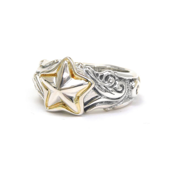 【BWL】Bill Wall Leather ビルウォールレザー新作 Wave Ring w/Silver Star w/18K (YG) Gold Overlay - 2 Spot シルバーアクセサリー スター 星 ギフト