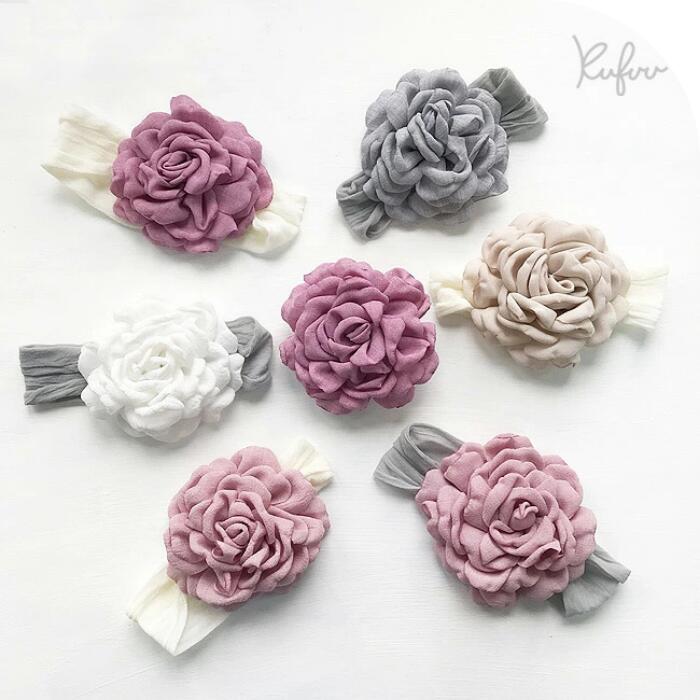 柔らか素材のヘアバンド【 ビンテージローズ リネン 風 】0-3歳頃軽量 ヘッドバンド 花 ベビー ストレッチ フリーサイズ ヘアアクセ ヘアーバンド リボン ヘアバンド Fabric Flower 夏用 春 夏 秋 冬 締め付けない フラワー 柔らか