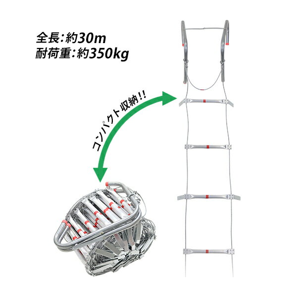 送料無料 避難はしご 折りたたみ 全長約30m 耐荷重約350kg ロング 梯子 はしご 防災用品 防災グッズ もしもの時の 緊急避難はしご 避難用はしご 縄はしご 非常はしご 防災 フック ワイヤーロープ ワイヤー ホテル マンション ビル 緊急 災害 地震 火災 避難 hinanhashigo30m