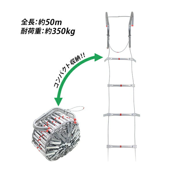 送料無料 避難はしご 折りたたみ 全長約50m 耐荷重約350kg ロング 梯子 はしご 防災用品 防災グッズ もしもの時の 緊急避難はしご 避難用はしご 縄はしご 非常はしご 防災 フック ワイヤーロープ ワイヤー ホテル マンション ビル 緊急 災害 地震 火災 避難 hinanhashigo50m