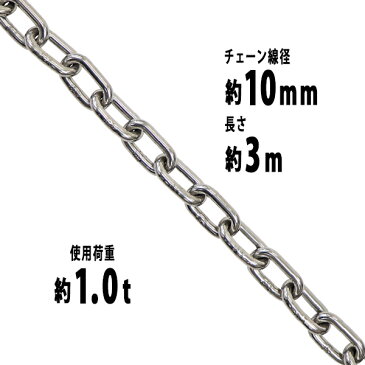 送料無料 ステンレスチェーン チェーン 線径約10mm 使用荷重約1t 約1000kg 約3m SUS304 JIS規格 ステンレス製 鎖 くさり 吊り具 チェーンスリング スリングチェーン リンクチェーン チェイン 金具 クレーン ホイスト 玉掛け 吊り上げ 建築 工場 水まわり suschain10mm3m