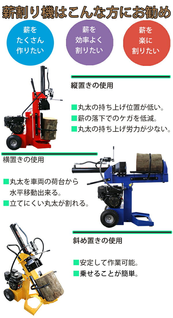 送料無料 選べる3カラー 薪割り機 薪割機 ログスプリッター エンジン式 破砕力 12t...