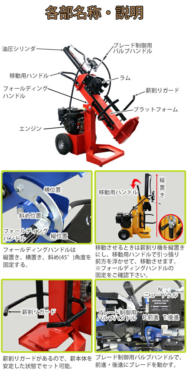 送料無料 選べる3カラー 薪割り機 薪割機 ログスプリッター エンジン式 破砕力 12t...