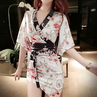 サテン素材和柄、斜めアシメカット&セクシー花魁着物ドレス「和柄、よさこい、おいらん、着物キャバ花魁コスプレ」