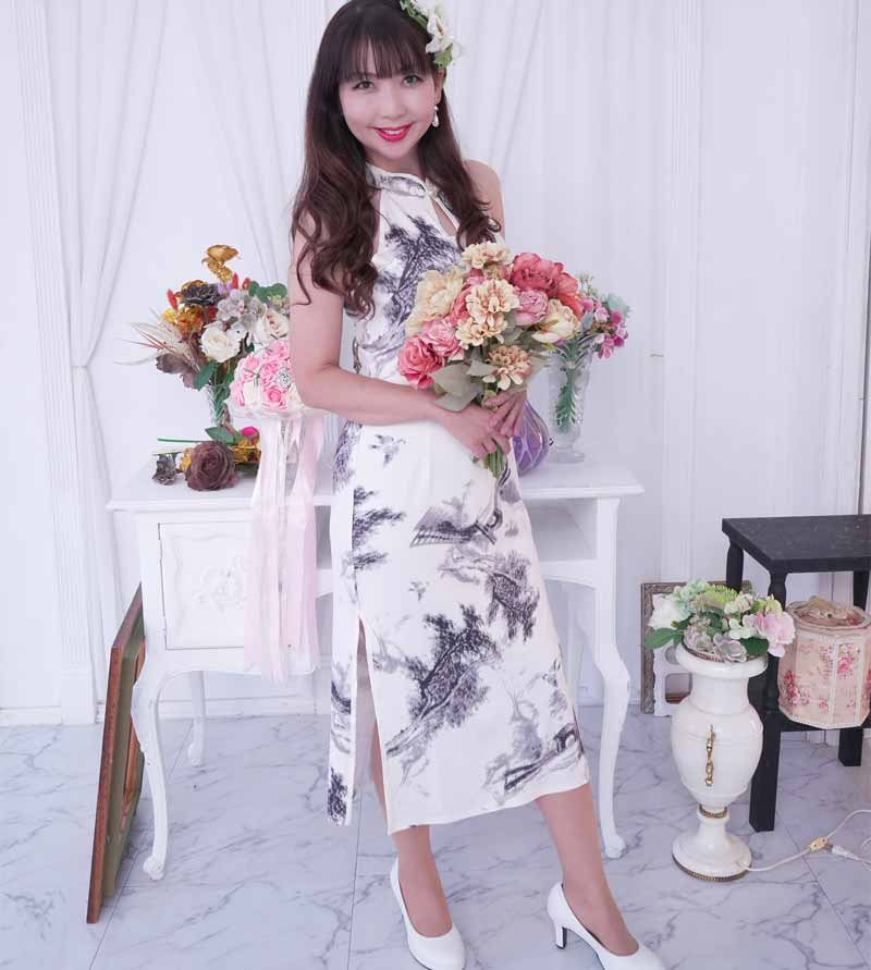 コスプレ「チャイナセクシーロングプリントドレス」　チャイナドレス　ナイトドレス　高級　おいらん　キャバ　セクシー　撮影会　グラビア　衣装　　　コスプレ 卒業式　謝恩会　パーティ