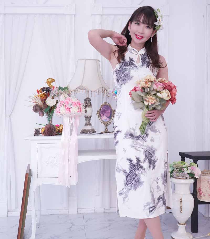 コスプレ「チャイナセクシーロングプリントドレス」　チャイナドレス　ナイトドレス　高級　おいらん　キャバ　セクシー　撮影会　グラビア　衣装　　　コスプレ 卒業式　謝恩会　パーティ