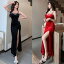 【ベロア素材 バストチェーン装飾セクシースリットロングドレス】 セクシー ロング キャバドレス パーティードレス 和風 ラウンジ きれいめ