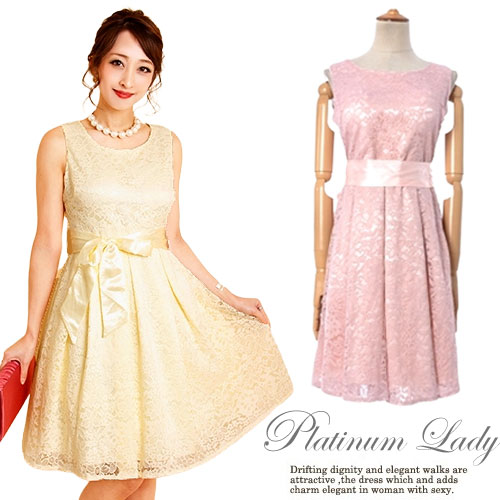 樂天商城 - 送料無料「沖縄 離島の方除外です。」ドレス キャバドレス ワンピース セクシー ナイトドレス バレンタイン パーティ コスプレ 結婚式 【ウエストサテンリボン付♪フラワーレース重ね光沢サテン地Aラインパーティーミディドレス】【smtb-k】 【w4】