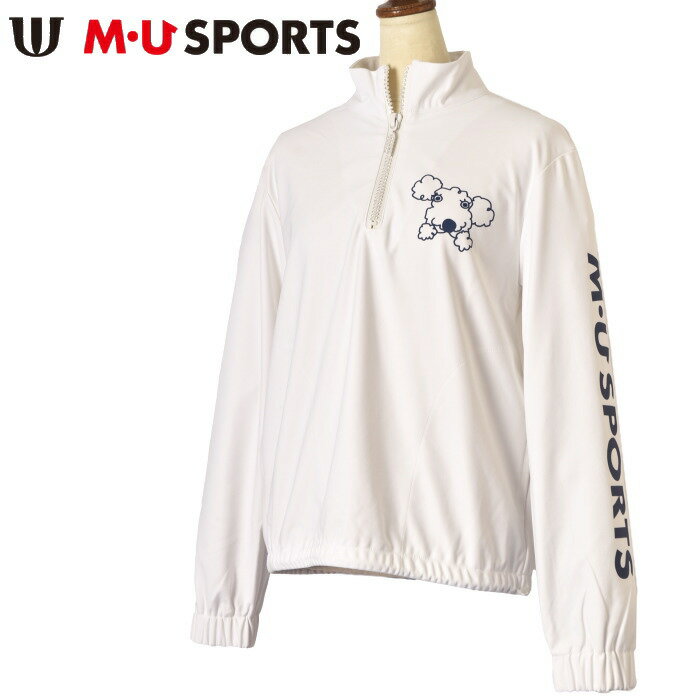 ●メーカー希望小売価格はメーカー商品タグに基づいて掲載しています MUスポーツ 【M・U SPORTS】 キュートでハイクオリティなゴルフウェア。 キャバリアのMelu、フレンチブルドッグのUmoは 世界中を旅し毎シーズン新しいテーマを発信します！ 二人の頭文字からなる「M・U SPORTS」は、高感度でハイクオリティ、 そのまま街へ出かけたくなる、そんなスタイルを提案します。●当店でのお買い物メリットメリット1・すべての商品が正規品。安心してお買い物頂けます。ライセンスブランドは正規取扱いメーカーの正規品、輸入ブランドは正規輸入代理店のお品物をそろえております。メリット2・15時までのご注文は当日発送。お住まいの住所によっては最短で翌日にお届け出来ます。毎日営業しておりますので、お急ぎのお買い物にとても便利です。（1/1.2は除く）メリット3・ギフト包装全品無料。大切な日に最高のお品を。プレゼント ギフト gift 贈り物 贈答品 無料ラッピング 誕生日 バースデー クリスマス　敬老の日 記念品 記念日 定年退職記念品 コンペ景品 景品 賞品 粗品 内祝 内祝い お祝い返し お返し お礼 御礼 お中元 御中元 お歳暮　御歳暮 お年賀 御年賀 お正月 入学 卒業 旅行 成人式 就職祝い 昇進祝い 退職祝い 快気祝い 初老祝い 還暦祝い 古稀祝い 喜寿祝い 傘寿祝い　米寿祝い 卒寿祝い 白寿祝い 長寿祝い 金婚式 銀婚式 ダイヤモンド婚式 結婚記念日 土日祝営業 男性 女性 男女兼用 メンズ レディース ユニセックス父の日 母の日 バレンタインデー ホワイトデー 等のすべてのイベントにご用命ください。キャバリアのMelu、フレンチブルドッグのUmoは 世界中を旅し毎シーズン新しいテーマを発信します！ 二人の頭文字からなる「M・U SPORTS」は、高感度でハイクオリティ、 そのまま街へ出かけたくなる、そんなスタイルを提案します。 さらりとしたソフトな風合いが心地よいハイネックハーフジッププルオーバー。 ラインストーンのジップデザインやシュシュのプリントがアクセント。 ストレッチの効いた動きやすく快適な着心地のアイテム。 ● Detail ・実物の色と若干異なって見える場合があります。予めご了承ください。 ● Color Variation ・写真をクリックすると商品ページに移動します。 ● 商品詳細 ブランド M・Uスポーツ M・U SPORTS カラー ホワイト 素材 表側 ナイロン80％ ポリウレタン20％ 裏側 ポリエステル100％ ● サイズスペック サイズ M(40) L(42) LL(44) 身幅 49cm 51cm 55cm 肩幅 42cm 43cm 44cm 着丈 57cm 60cm 61cm 袖丈 56cm 58cm 59cm ・実物を巻尺で採寸したものです。 ・採寸寸法について詳しくは コチラ をご確認くださいませ。 ・店頭でも販売させていただいております。売り違いの際はご容赦願います。