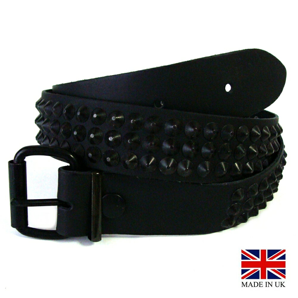 イギリス製　3-Row Conical Stud Belt 3連コニカル スタッズ 鋲 ベルト (BK/BK) Made in UK