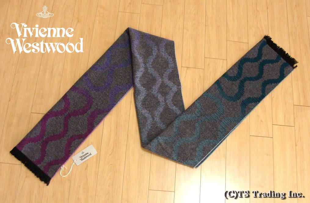 Vivienne Westwood ヴィヴィアン ウエストウッド★Squiggle Large Scarf スクイグル柄 ロング マフラー (Gr/Gry/Pur) Made in Italy【あす楽対応】【smtb-k】【送料無料】