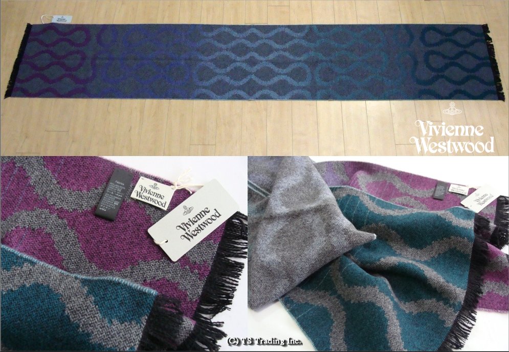 Vivienne Westwood ヴィヴィアン ウエストウッド★Squiggle Large Scarf スクイグル柄 ロング マフラー (Gr/Gry/Pur) Made in Italy【あす楽対応】【smtb-k】【送料無料】