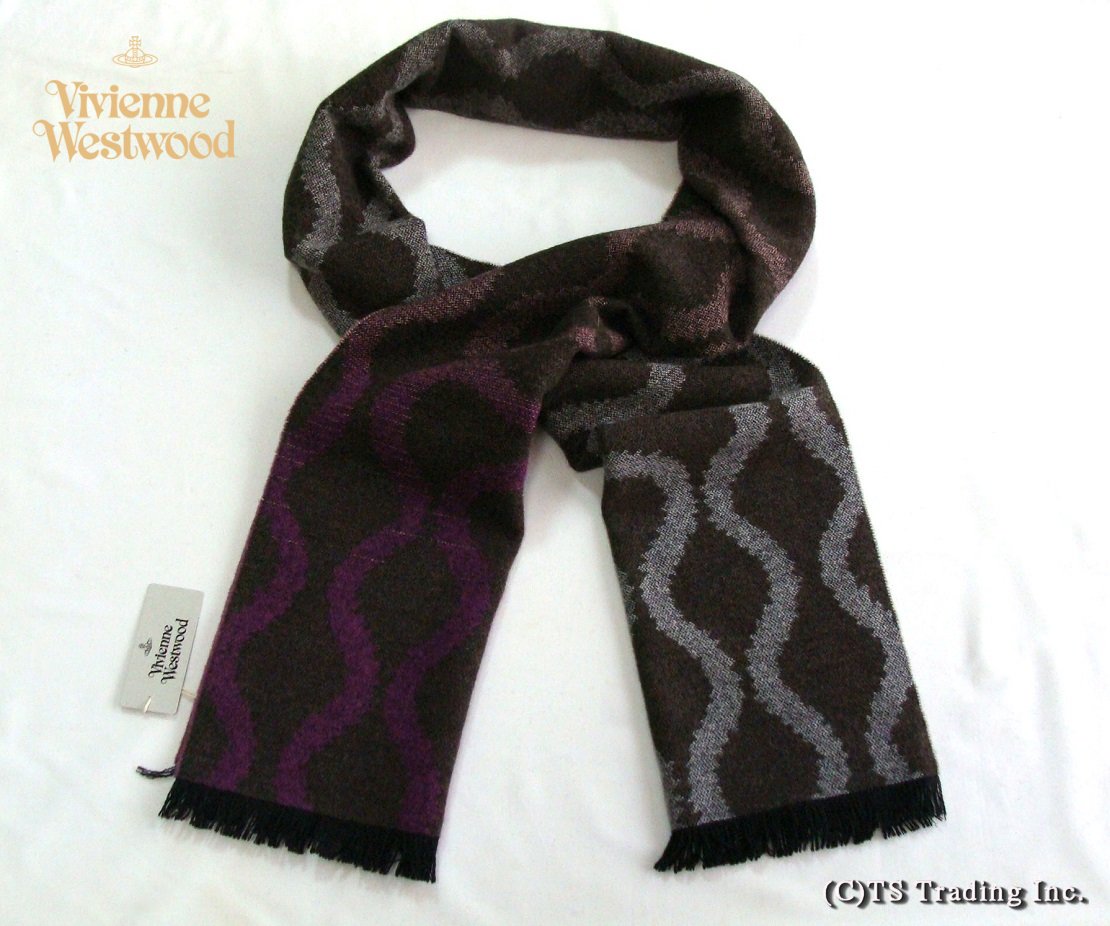 ヴィヴィアンウエストウッド マフラー（レディース） Vivienne Westwood ヴィヴィアン ウエストウッド★Squiggle Large Scarf スクイグル柄 ロング マフラー (Gry/Pur/Br) Made in Italy【あす楽対応】【smtb-k】【送料無料】