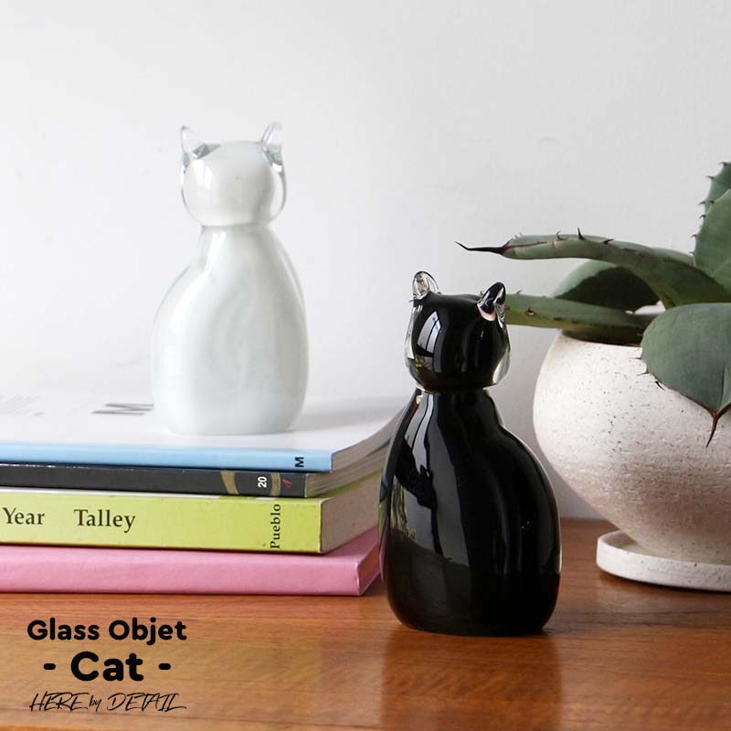 ガラスオブジェ キャット Glass Objet Cat HERE ヒア ブラック/ホワイト グラス オブジェ 置物 ディスプレイ