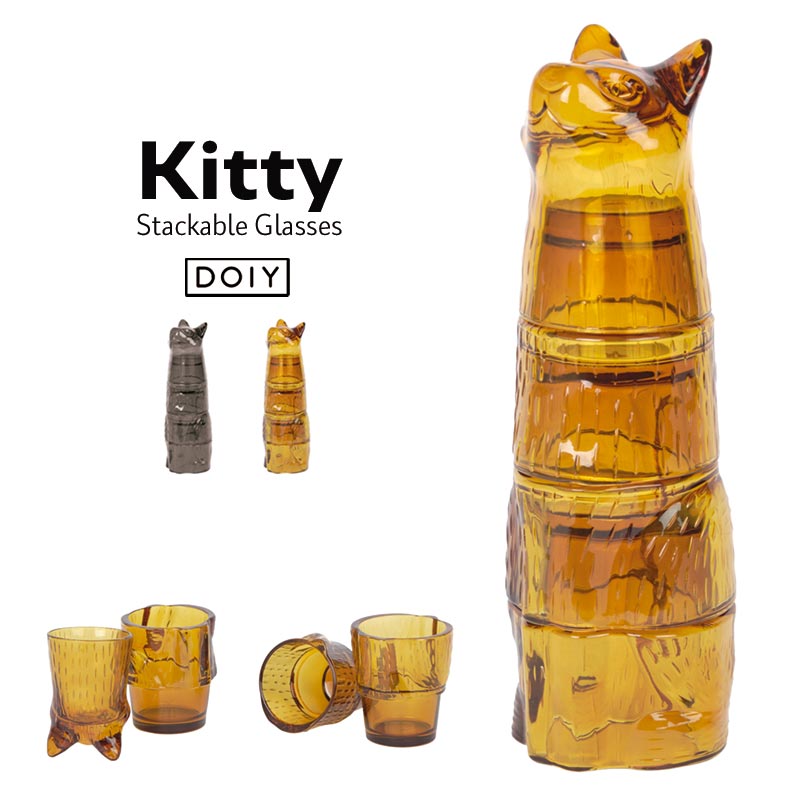 Kitty Stackable Glass ƥ å󥰥饹 doiy ɡ 4pcs ֥å/󥸥㡼 ǭ ͥ å 饹å 饹