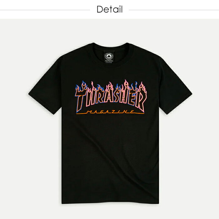 スラッシャー 半袖Tシャツ THRASHER Tシャツ フレイムロゴ スラッシャー THRASHER ロゴ ヒップホップ ストリート アメカジ 正規 ピンスト ファイヤーパターン レディース ブラック 黒 メンズ 父の日プレゼント