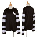 ブラック コムデギャルソンBLACK COMME des GARCONS ラビットプリント袖ボーダー切替カットソー 黒淡パープルS【中古】