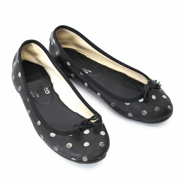 レペット×コムコム コムデギャルソンrepetto×COMME des GARCONS かすれドットプリントレザーバレエシューズ 黒23.5位【中古】 【レディース】