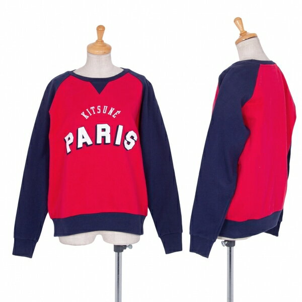 【中古】 メゾンキツネMAISON KITSUNE バイカラープリントスウェット 赤紺S【レディース】
