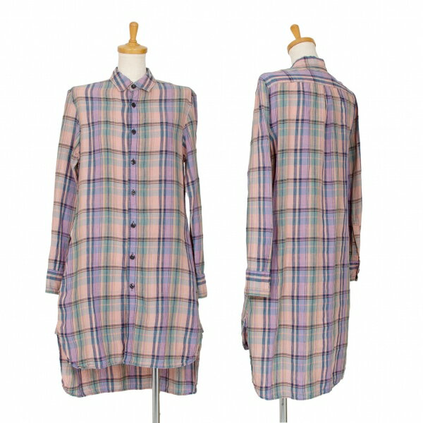 【中古】 ワイズY's リネンチェック長袖シャツワンピース ピンク紫緑2【レディース】