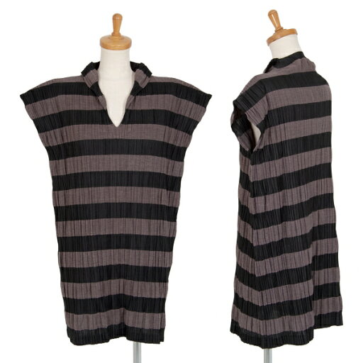 【中古】 プリーツプリーズPLEATS PLEASE ポリリネンプリーツ加工ボーダースキッパー半袖ワンピース 黒チャコール3【レディース】 【中古】 プリーツプリーズPLEATS PLEASE ポリリネンプリーツ加工ボーダースキッパー半袖ワンピース 黒チャコール3【レディース】
