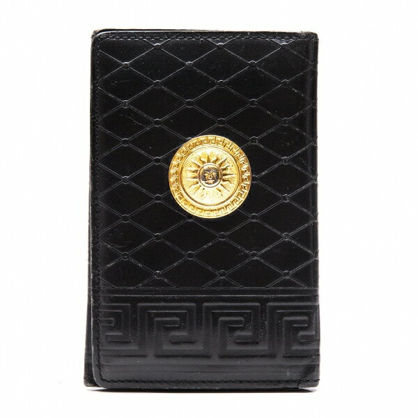 ヴェルサーチVERSACE ダイヤエンボスサンバーストグレカカードケース 黒ゴールド【中古】 【レディース】