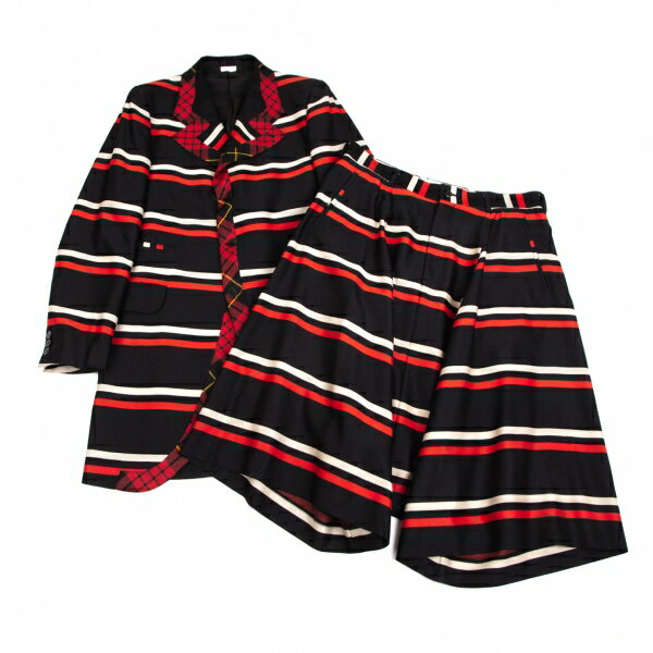 【中古】 コムデギャルソン オムプリュスCOMME des GARCONS HOMME PLUS タータンチェックトリミングボーダーロングジャケットセットアップ...