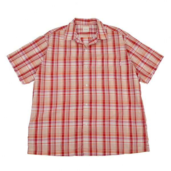 【中古】 カールヘルムKarl Helmut マドラスチェックコットン半袖シャツ ベージュ赤M位【メンズ】