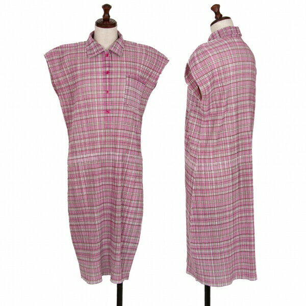 【中古】 プリーツプリーズPLEATS PLEASE チェックプリーツプルオーバーノースリーブシャツワンピース ピンク緑白3【レディース】