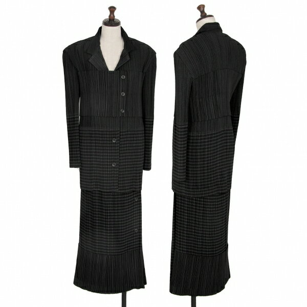 【中古】 イッセイミヤケISSEY MIYAKE ボーダー織り切替セットアップスーツ 黒M S【レディース】