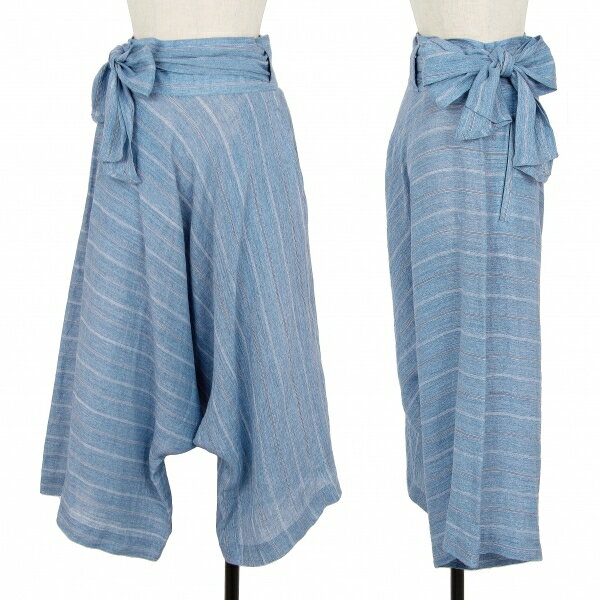 【中古】 イッセイミヤケペルマネンテISSEY MIYAKEPERMANENTE ストライプリネンサルエルパンツ 青M【レディース】